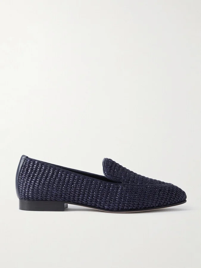 Manolo Blahnik - Pitakara Leather-trimmed Raffia Loafers - Blue