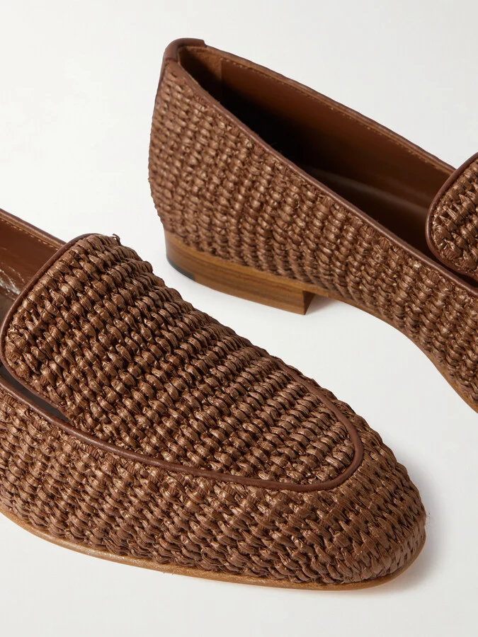 Manolo Blahnik - Pitakara Leather-trimmed Raffia Loafers - Brown - Image 4