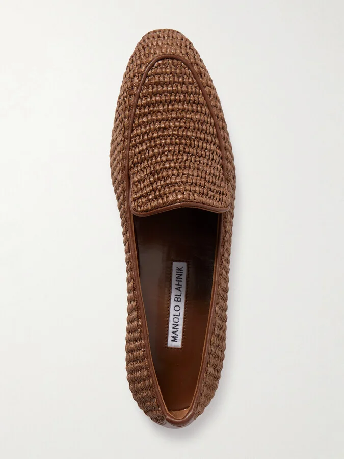 Manolo Blahnik - Pitakara Leather-trimmed Raffia Loafers - Brown - Image 5