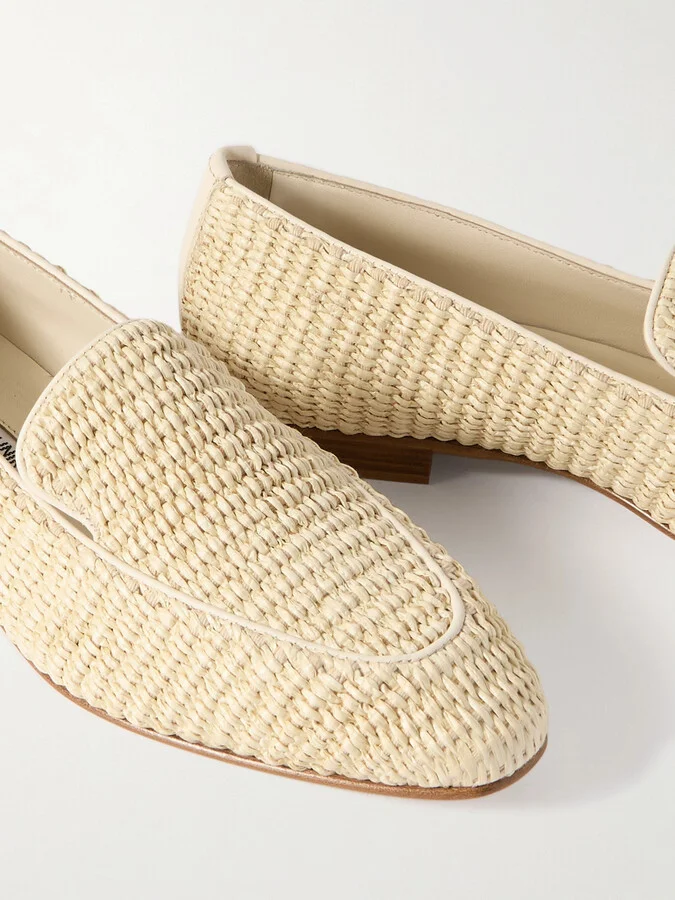Manolo Blahnik - Pitakara Leather-trimmed Raffia Loafers - Cream - Image 4