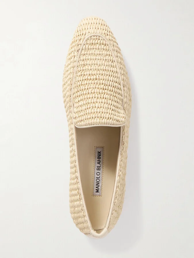 Manolo Blahnik - Pitakara Leather-trimmed Raffia Loafers - Cream - Image 5