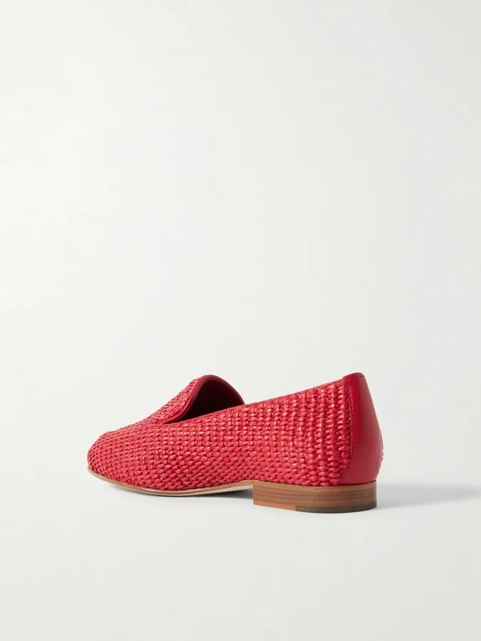 Manolo Blahnik - Pitakara Leather-trimmed Raffia Loafers - Red - Image 3