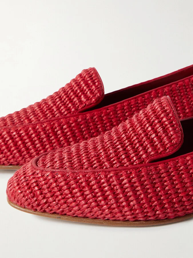 Manolo Blahnik - Pitakara Leather-trimmed Raffia Loafers - Red - Image 4