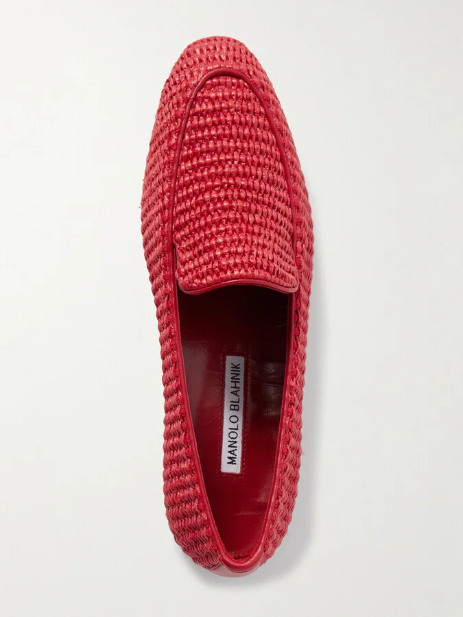Manolo Blahnik - Pitakara Leather-trimmed Raffia Loafers - Red - Image 5
