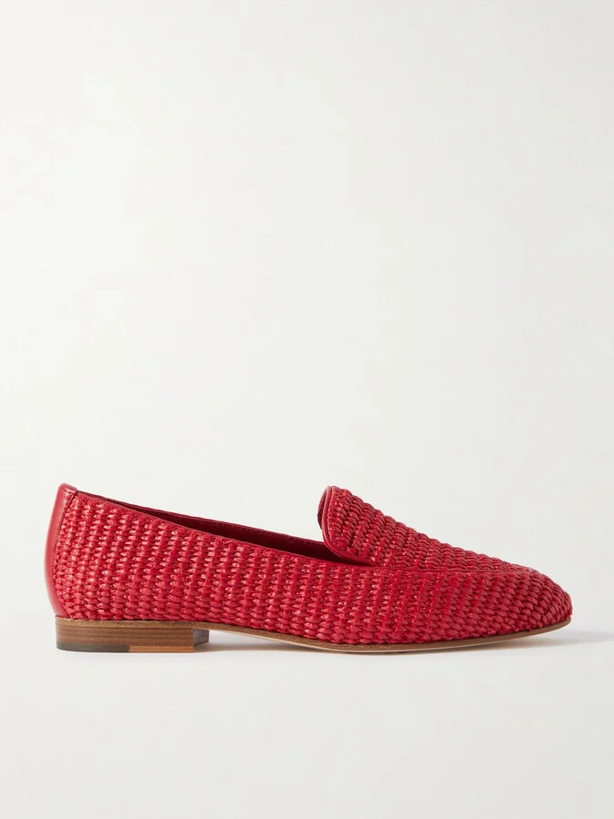 Manolo Blahnik - Pitakara Leather-trimmed Raffia Loafers - Red