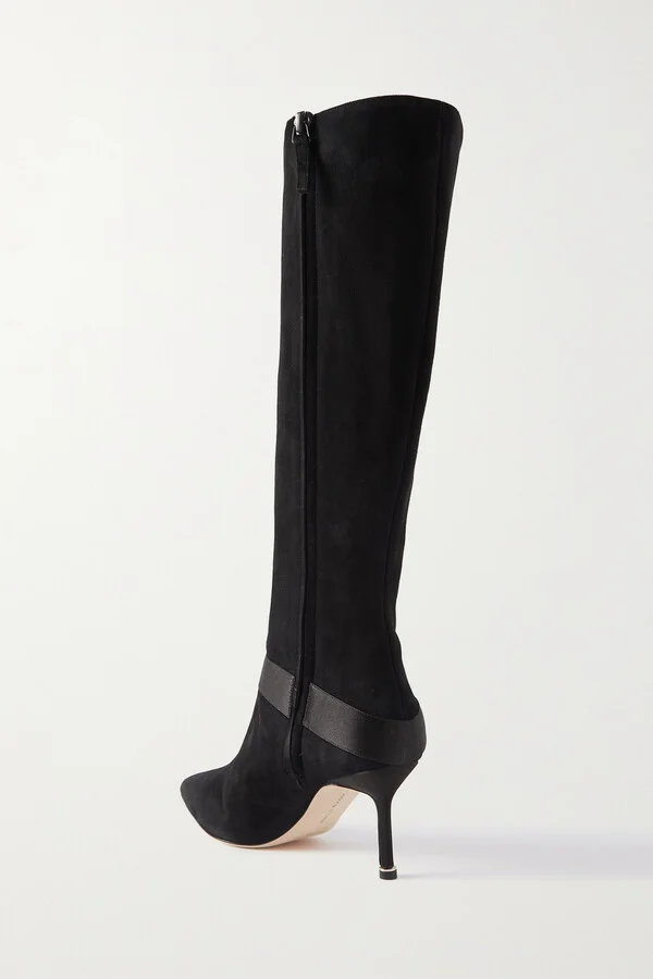 Manolo Blahnik - Pliniahi 70 Embellished Satin-trimmed Suede Knee Boots - Black - Image 3
