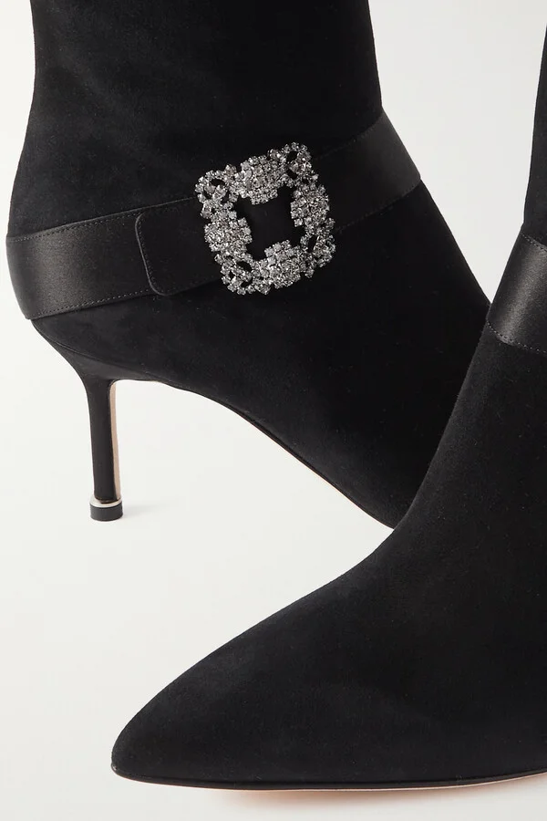 Manolo Blahnik - Pliniahi 70 Embellished Satin-trimmed Suede Knee Boots - Black - Image 4