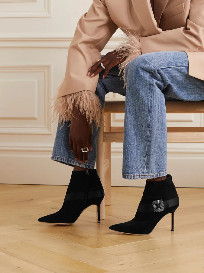Manolo Blahnik - Plinianu 90 Crystal-embellished Satin-trimmed Suede Ankle Boots - Black - Image 2