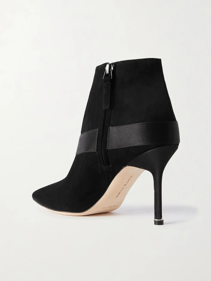 Manolo Blahnik - Plinianu 90 Crystal-embellished Satin-trimmed Suede Ankle Boots - Black - Image 3