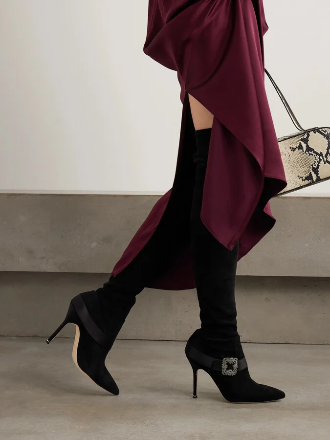 Manolo Blahnik - Plinianuthi 105 Buckled Satin-trimmed Suede Over-the-knee Boots - Black - Image 2