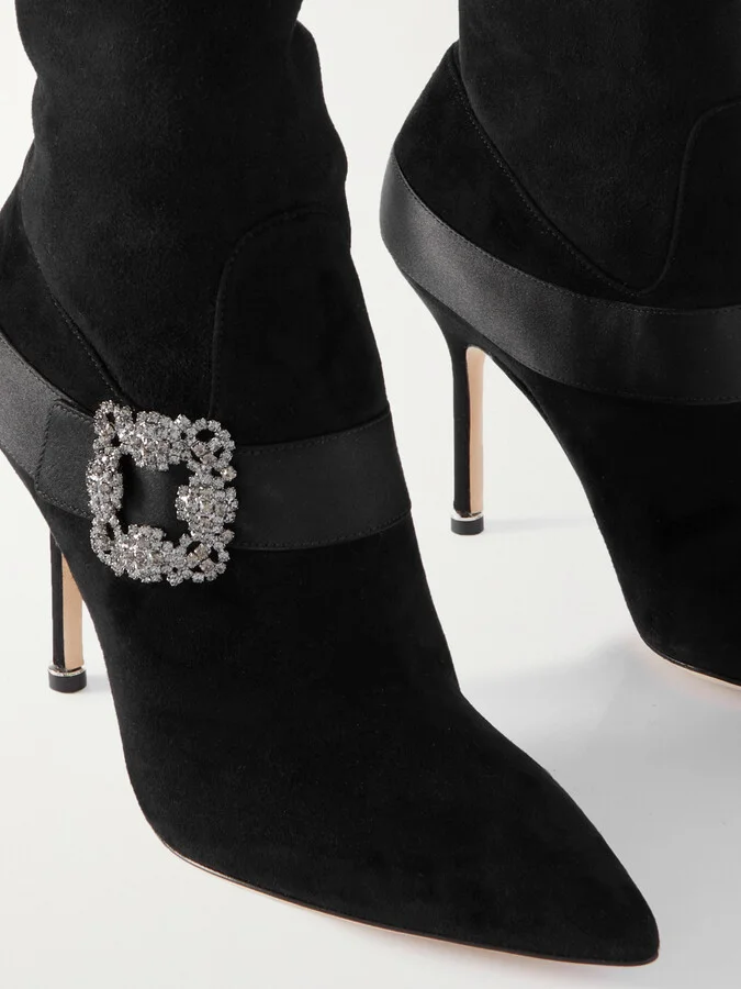 Manolo Blahnik - Plinianuthi 105 Buckled Satin-trimmed Suede Over-the-knee Boots - Black - Image 4