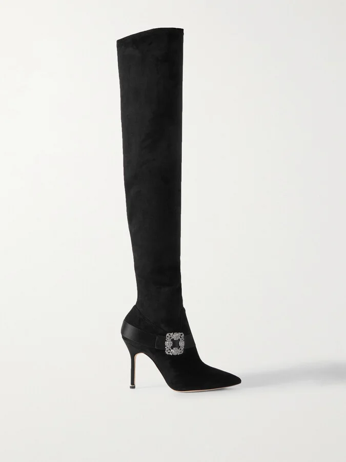 Manolo Blahnik - Plinianuthi 105 Buckled Satin-trimmed Suede Over-the-knee Boots - Black