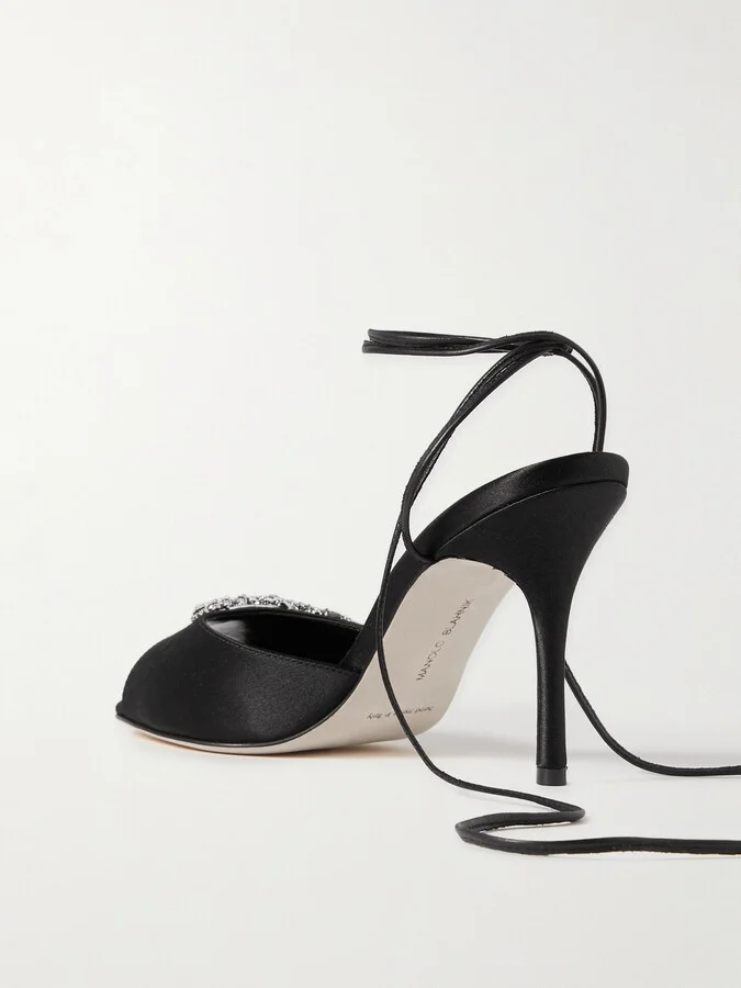 Manolo Blahnik - Plumena 90 Crystal-embellished Satin Lace-up Sandals - Black - Image 3