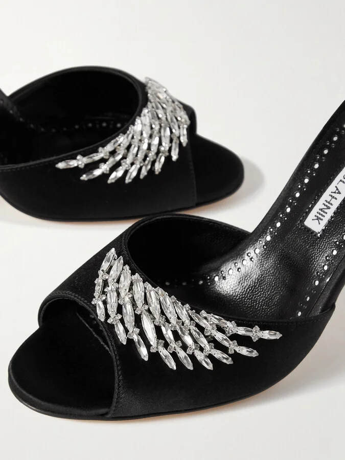 Manolo Blahnik - Plumena 90 Crystal-embellished Satin Lace-up Sandals - Black - Image 4