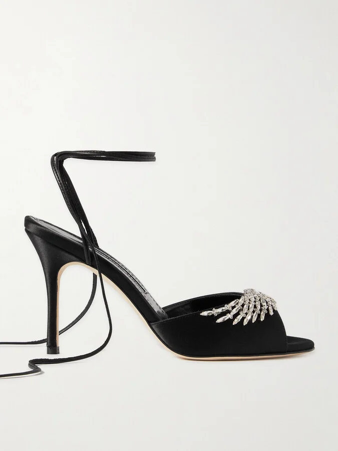 Manolo Blahnik - Plumena 90 Crystal-embellished Satin Lace-up Sandals - Black