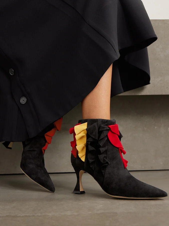 Manolo Blahnik - Pompa 70 Ruffled Suede Pointed-toe Ankle Boots - Black - Image 2