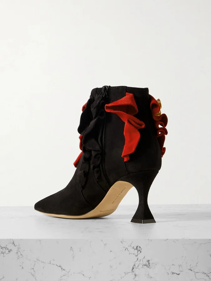 Manolo Blahnik - Pompa 70 Ruffled Suede Pointed-toe Ankle Boots - Black - Image 3