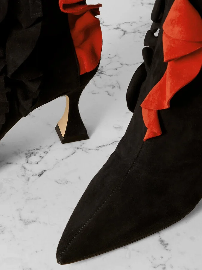 Manolo Blahnik - Pompa 70 Ruffled Suede Pointed-toe Ankle Boots - Black - Image 4