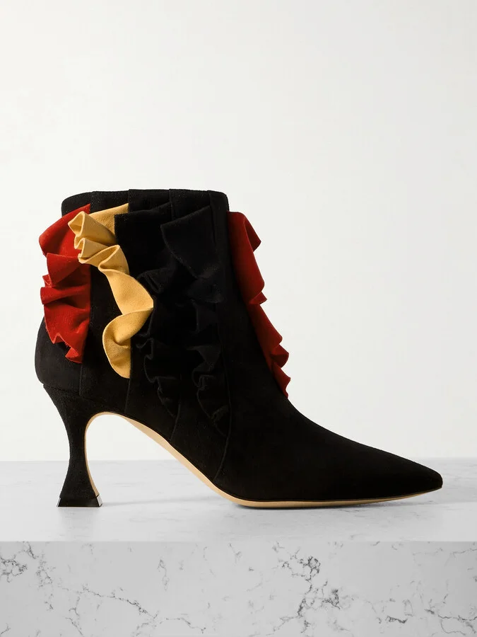 Manolo Blahnik - Pompa 70 Ruffled Suede Pointed-toe Ankle Boots - Black