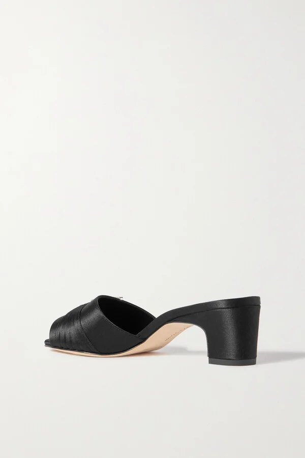Manolo Blahnik - Prinap 50 Crystal-embellished Ruched Satin Mules - Black - Image 3