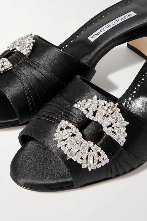 Manolo Blahnik - Prinap 50 Crystal-embellished Ruched Satin Mules - Black - Image 4
