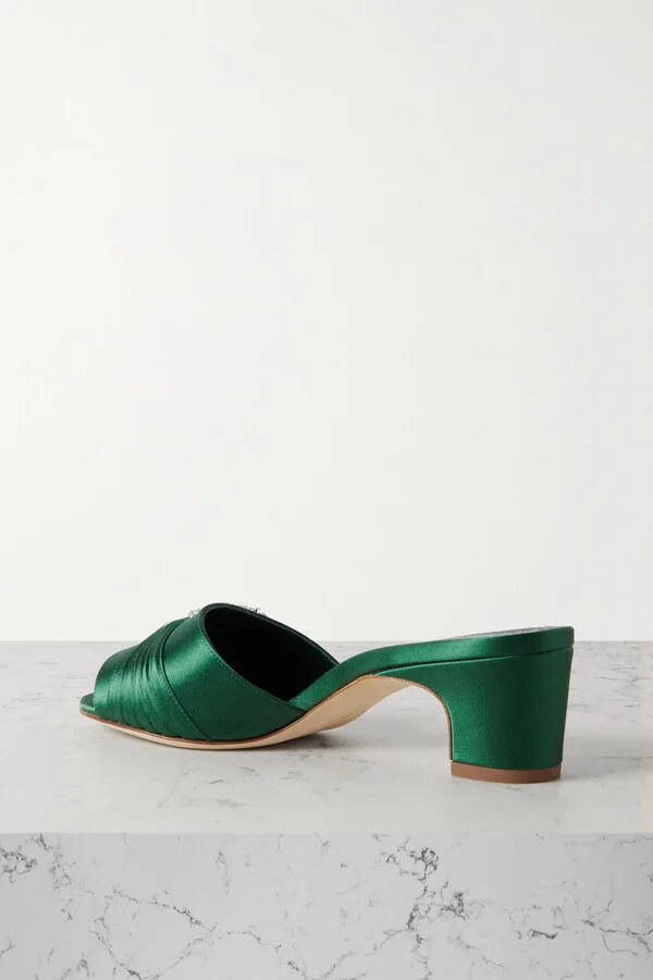Manolo Blahnik - Prinap 50 Crystal-embellished Ruched Satin Mules - Green - Image 3