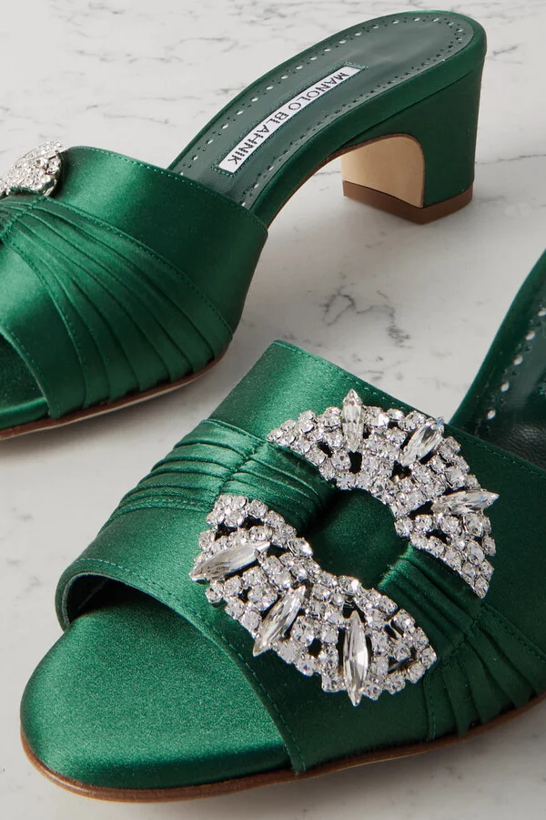 Manolo Blahnik - Prinap 50 Crystal-embellished Ruched Satin Mules - Green - Image 4