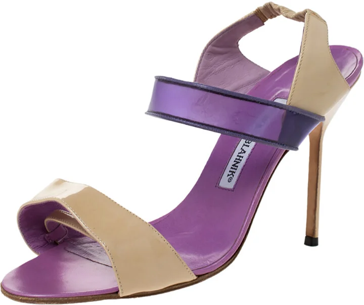 Manolo Blahnik Purple/Beige Patent Leather and PVC Slingback Sandals Size 38.5