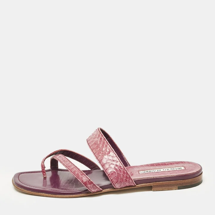 Manolo Blahnik Purple Python Leather Susa Flat Slides Size 38.5