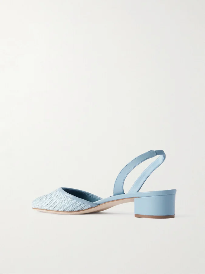 Manolo Blahnik - Raffro 30 Leather-trimmed Raffia Slingback Pumps - Blue - Image 3