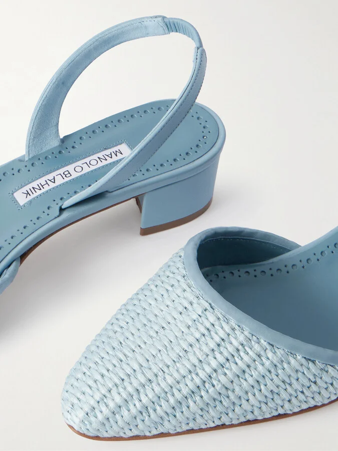 Manolo Blahnik - Raffro 30 Leather-trimmed Raffia Slingback Pumps - Blue - Image 4