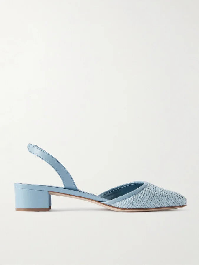 Manolo Blahnik - Raffro 30 Leather-trimmed Raffia Slingback Pumps - Blue