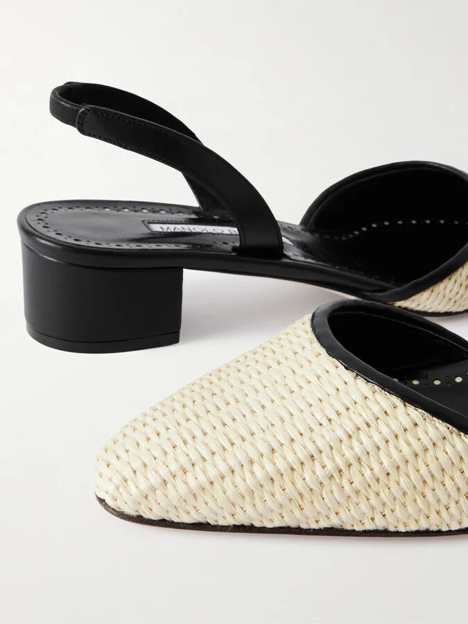 Manolo Blahnik - Raffro 30 Leather-trimmed Raffia Slingback Pumps - Neutrals - Image 4