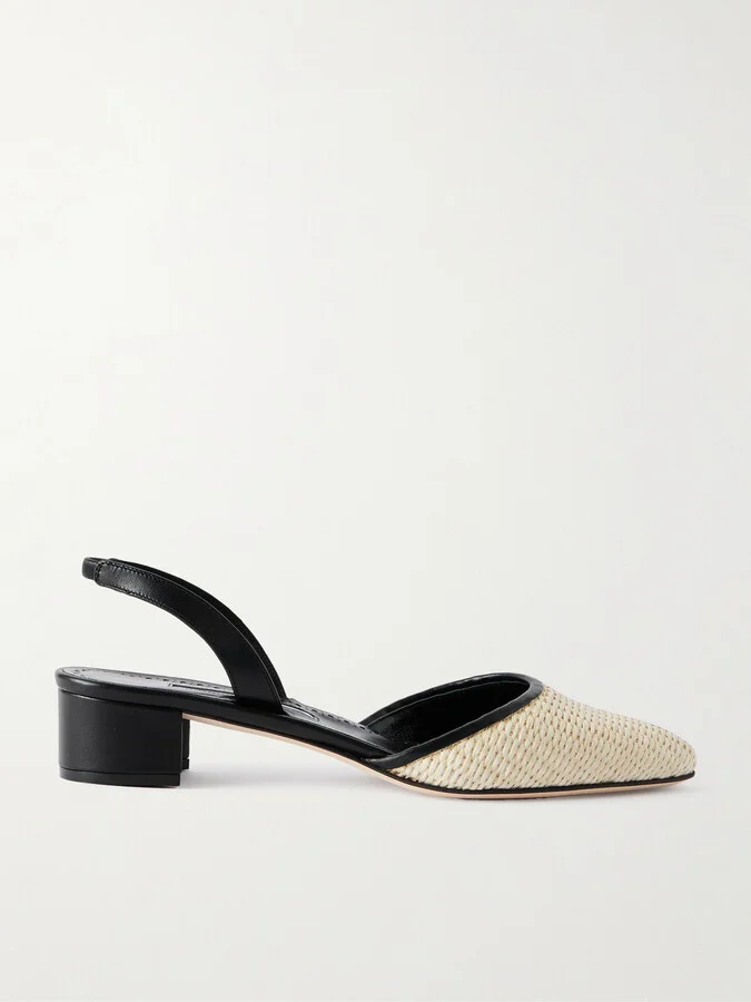 Manolo Blahnik - Raffro 30 Leather-trimmed Raffia Slingback Pumps - Neutrals