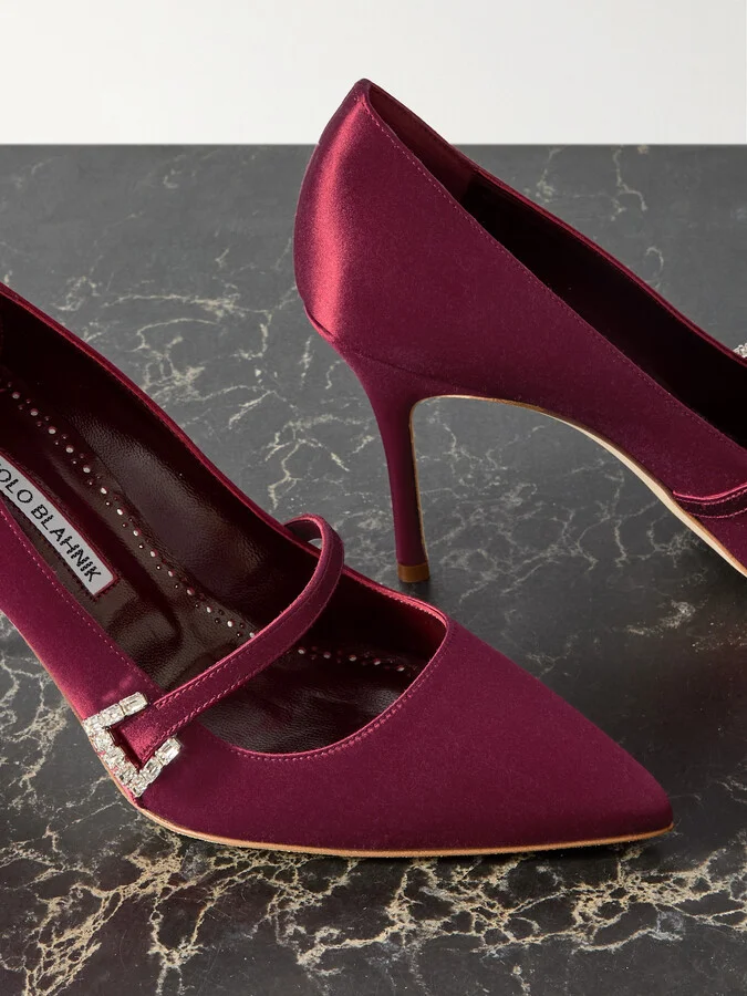 Manolo Blahnik - Ramima 90 Crystal-embellished Satin Pumps - Red - Image 4