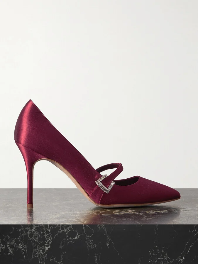 Manolo Blahnik - Ramima 90 Crystal-embellished Satin Pumps - Red