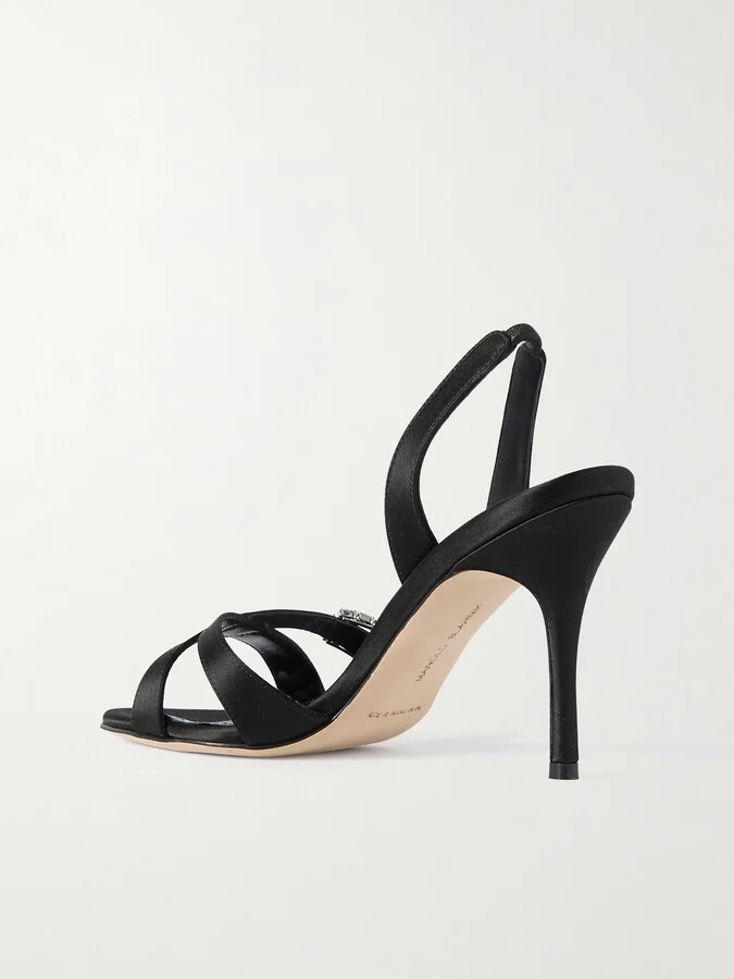 Manolo Blahnik - Ramisli 90 Crystal-embellished Satin Slingback Sandals - Black - Image 3