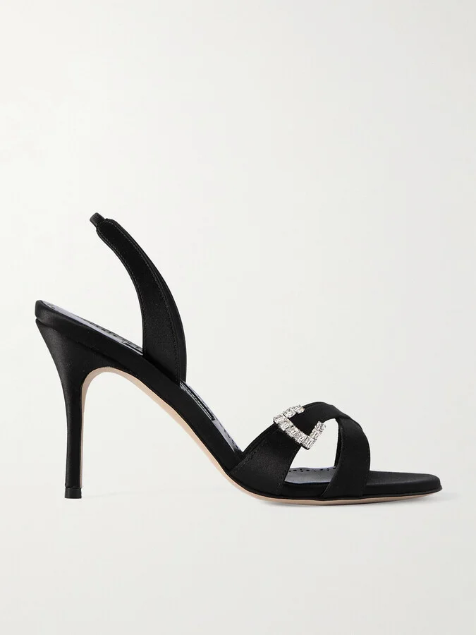 Manolo Blahnik - Ramisli 90 Crystal-embellished Satin Slingback Sandals - Black