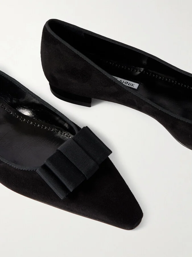 Manolo Blahnik - Reador 10 Bow-detailed Suede Point-toe Flats - Black - Image 4