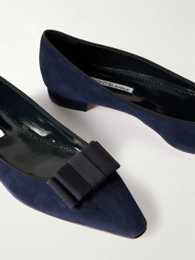 Manolo Blahnik - Reador 10 Bow-detailed Suede Point-toe Flats - Blue - Image 4