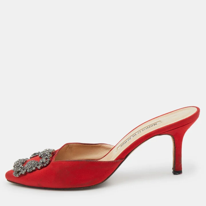 Manolo Blahnik Red Satin Jewel Buckle Hangisi Mules Size 37.5