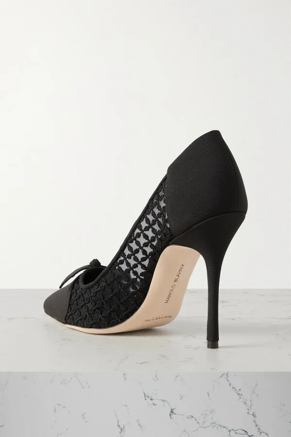 Manolo Blahnik - Riniala 105 Bow-embellished Embroidered Mesh And Crepe De Chine Pumps - Black - Image 3