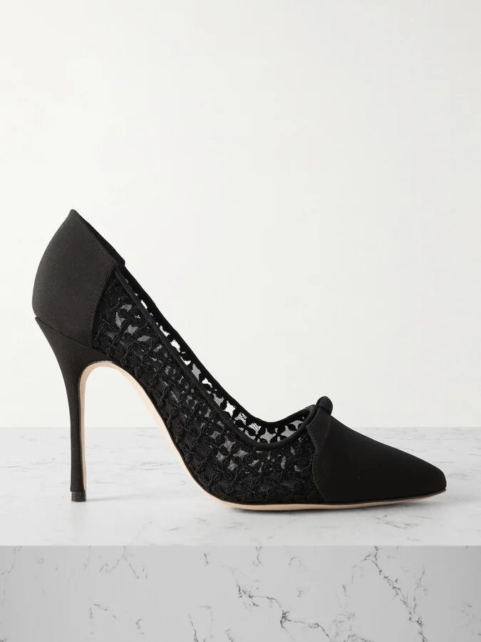 Manolo Blahnik - Riniala 105 Bow-embellished Embroidered Mesh And Crepe De Chine Pumps - Black