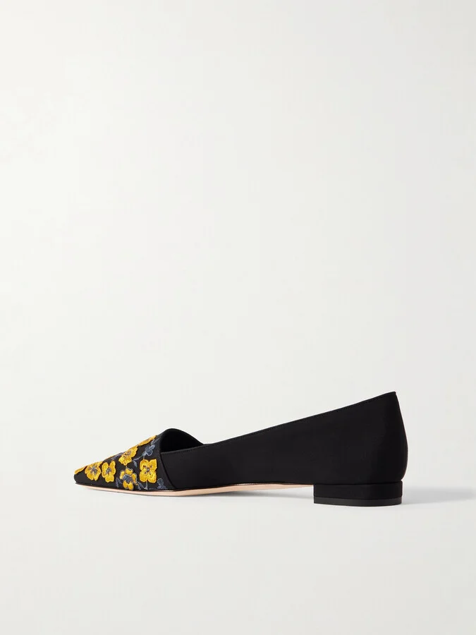Manolo Blahnik - Safiye Embroidered Crepe De Chine Point-toe Flats - Black - Image 3