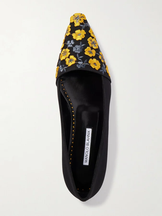 Manolo Blahnik - Safiye Embroidered Crepe De Chine Point-toe Flats - Black - Image 5