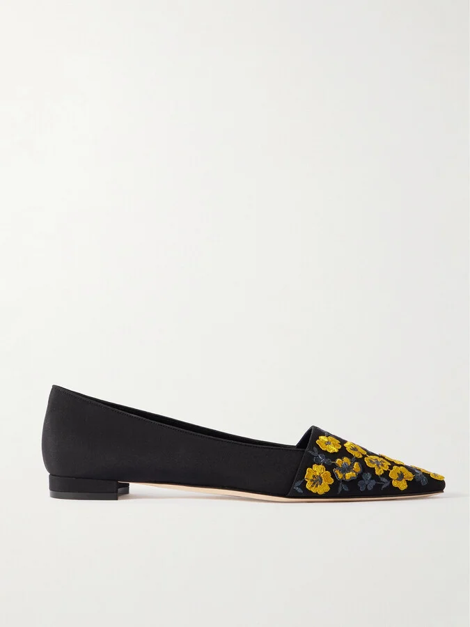 Manolo Blahnik - Safiye Embroidered Crepe De Chine Point-toe Flats - Black