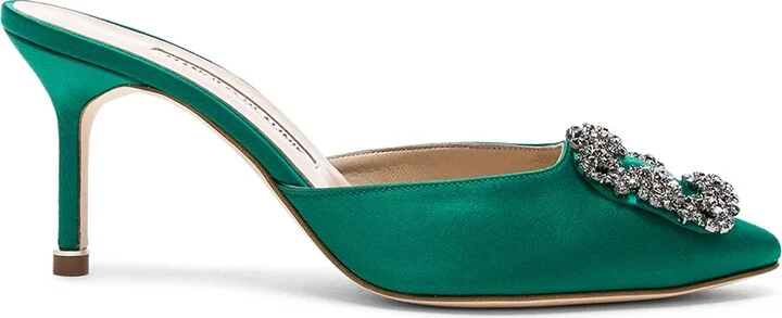 Manolo Blahnik Satin Hangisi 70 Mules in Green