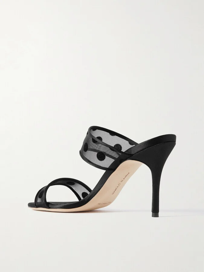 Manolo Blahnik - Scolobi 90 Satin-trimmed Flocked Mesh Sandals - Black - Image 3