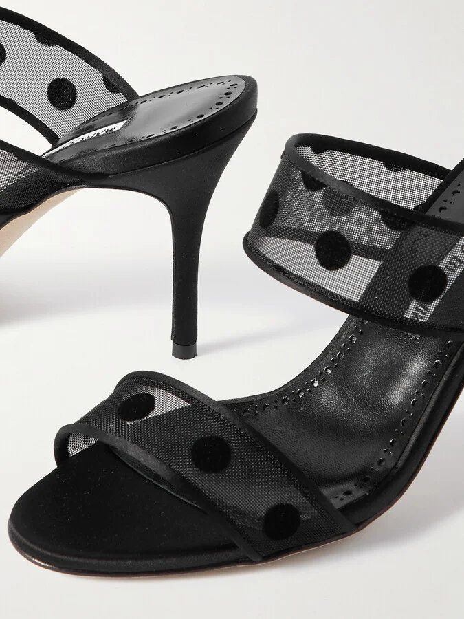 Manolo Blahnik - Scolobi 90 Satin-trimmed Flocked Mesh Sandals - Black - Image 4