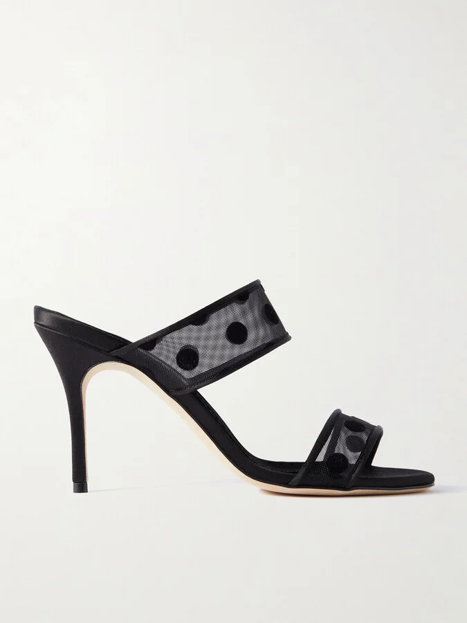 Manolo Blahnik - Scolobi 90 Satin-trimmed Flocked Mesh Sandals - Black